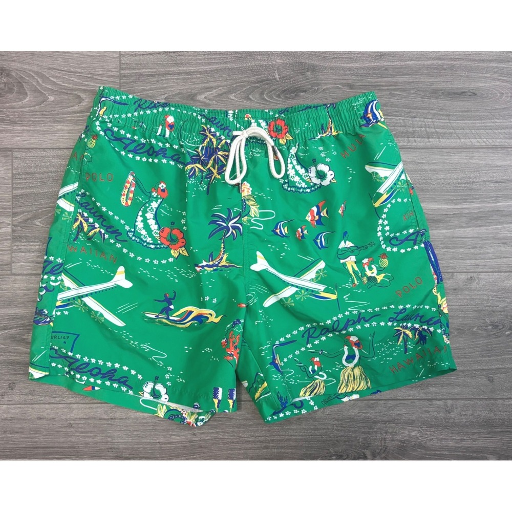 Polo Ralph Lauren Swim Shorts XL Green Hawaiian Hula Tropical Trunks Beach‎ Pool
